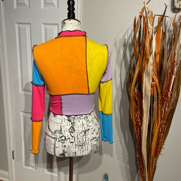 NWOT Vintage Y2k Neon sewing outside Patchwork crop mock funky street bright 90s - Picture 3 of 4